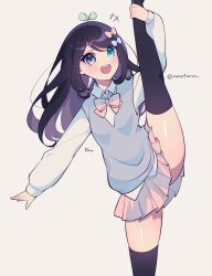1girl absurdres amefurin bad_id bad_pixiv_id blush bow bowtie collared_shirt gradient_hair hair_bow heterochromia highres long_hair looking_at_viewer multicolored_hair open_mouth original pleated_skirt school_uniform shirt signature skirt solo split sweater_vest thighhighs white_background
