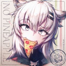 ! 1girl ahoge animal_ears arknights artist_name black_border black_shirt border brown_background check_gender cheese cheese_trail commentary crossed_bangs demmicat english_commentary english_text fang fangs food food_in_mouth gender_request grey_eyes hair_between_eyes hair_ornament hairclip head_tilt highres lappland_(arknights) lappland_the_decadenza_(arknights) lappland_the_unemployed_(meme) looking_at_viewer medium_hair meme messy_hair olive_branch pepperoni pepperoni_pizza pizza pizza_box pizza_slice shirt skin_fangs smile solo stamp_mark striped_background upper_body white_hair wolf_ears wolf_girl