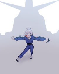 1girl 85neko absurdres blue_eyes blush commentary_request deux_murasame full_body gundam gundam_gquuuuuux highres long_hair mask mecha mecha_pilot_suit mouth_mask open_mouth psycho_gundam robot shadow smile solo standing updo v-fin