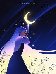 1girl arm_up bird black_dress blue_hair closed_eyes crescent_moon dress earrings english_text glowing highres huhv. jewelry long_hair long_sleeves moon night night_sky original plant profile shirt sky solo star_(sky) starry_sky very_long_hair white_shirt