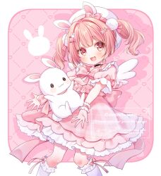 1girl :3 :d animal_ears black_choker blush border bow bowtie choker commentary commission dress feet_out_of_frame frilled_dress frilled_socks frills hair_ornament hairclip hat highres indie_virtual_youtuber kneehighs kohanai_momomi looking_at_viewer miyahana_yu_(artist) open_mouth outside_border pink_background pink_bow pink_bowtie pink_dress pink_eyes pink_hair pom_pom_(clothes) pom_pom_hair_ornament rabbit rabbit_ears short_hair short_sleeves signature skeb_commission smile socks solo standing twintails virtual_youtuber watermark white_border white_hat white_socks white_wings wings