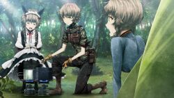 3girls alternate_costume amane_suzuha amane_suzuha_(beta) ammunition_pouch animal_ears ankle_holster ankle_strap apron arm_support armband belt belt_pouch bent_over black_pants black_skirt blue_fire blue_jacket body_armor boots braid breasts brown_hair bush buttons camouflage camouflage_jacket cargo_pants cat_ears clone closed_eyes closed_mouth collar collar_tabs cooking digital_camouflage dress enmaided fake_animal_ears fingerless_gloves fire forest frilled_collar frilled_dress frilled_hairband frilled_skirt frills game_cg gas gloves grass green_jacket hair_between_eyes hair_rings hair_tie hairband happy high_collar highres huke jacket leaf leather leather_boots load_bearing_vest long_skirt long_sleeves looking_at_another maid maid_apron maid_headdress mary_janes mayqueen_maid_uniform medium_breasts military_combat_uniform military_fatigues military_uniform multiple_girls nature non-web_source official_art on_one_knee open_mouth outdoors pants pink_lips pouch puffy_short_sleeves puffy_sleeves red_collar_tabs red_ribbon ribbon ribbon-trimmed_collar ribbon-trimmed_corset ribbon-trimmed_hairband ribbon-trimmed_sleeves ribbon_trim ringed_eyes serious shiny_lips shoes short_sleeves skirt soldier square_pupils squatting steins;gate steins;gate:_linear_bounded_phenogram sunlight surprised tent tongue track_jacket twin_braids twintails white_apron white_dress woodland_camouflage wrist_cuffs yellow_eyes zipper zipper_pull_tab