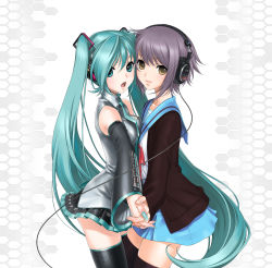 2girls aqua_eyes aqua_hair aqua_nails asymmetrical_docking bad_id bad_pixiv_id breast_press breasts brown_eyes cardigan cosplay crossover detached_sleeves fingernails hatsune_miku headphones hexagon highres holding_hands light_purple_hair long_fingernails long_hair multiple_girls nagato_yuki nail_polish sano_toshihide short_hair skirt small_breasts sony suzumiya_haruhi_no_yuuutsu symmetrical_hand_pose thighhighs tissue_princess twintails very_long_hair vocaloid yuri zettai_ryouiki