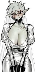 1girl belt_collar blush breasts bridal_veil buckle cleavage closed_mouth collar collarbone dress ear_blush earrings eeeeee03714610 elf embarrassed fang full-face_blush greyscale highres jewelry large_breasts leash looking_at_viewer monochrome monster_girl nose_blush original pointy_ears puffy_sleeves scar short_hair slave solo sweatdrop v_arms veil wedding_dress yellow_eyes