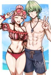 Rule 34 | 1boy, 1girl, ;d, abs, absurdres, armpits, bare shoulders, bikini, black male swimwear, border, breasts, cleavage, closed mouth, collarbone, eyewear on head, fire emblem, fire emblem: three houses, fire emblem heroes, fire emblem warriors: three hopes, frilled bikini, frills, gluteal fold, hair bun, highres, hilda valentine goneril, hilda valentine goneril (summer), large breasts, long hair, male byleth (enlightened) (fire emblem), male byleth (fire emblem), male swimwear, muscular, muscular male, navel, nintendo, ocean, off-shoulder bikini, off shoulder, official alternate costume, official alternate hairstyle, one eye closed, open mouth, outdoors, outside border, pectorals, pink-tinted eyewear, pink bikini, pink eyes, pink hair, ponytail, rotomdocs, round eyewear, second-party source, single hair bun, smile, standing, stomach, striped bikini, striped clothes, sunglasses, swim trunks, swimsuit, teeth, thighs, tinted eyewear, tongue, topless male, upper teeth only, v, variant set, vertical-striped bikini, vertical-striped clothes, whistle, whistle around neck, white border
