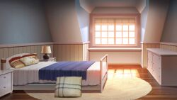blanket blue_theme chest_of_drawers desk_lamp glowing highres indoors lamp no_humans non-web_source official_art our_life:_beginnings_and_always pillow rug scenery striped_wall sunset towel window_blinds window_light windowsill wooden_floor