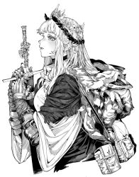 1girl absurdres armored_gloves cropped_torso earclip from_side greyscale hair_ornament head_wreath highres holding holding_sword holding_weapon looking_ahead matata1203 monochrome original parted_lips pouch simple_background solo sword tiara weapon white_background