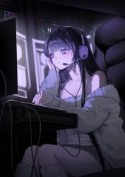 Rule 34 | 1girl, black eyes, black hair, computer, headphones, highres, original