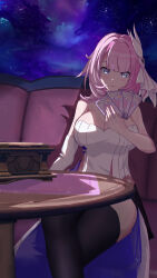 1girl bare_shoulders black_boots blue_eyes boots breasts cape card chinese_commentary cleavage commentary_request corset couch crossed_legs elysia_(honkai_impact) genius_invokation_tcg genshin_impact hair_ornament highres holding holding_card honkai_(series) honkai_impact_3rd large_breasts mihoyo night night_sky on_couch pink_hair short_hair signet_of_ego silianyusisuo sitting sky solo star_(sky) starry_sky thighs white_corset