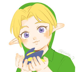 1boy blonde_hair blue_eyes bombchu commentary_request green_hat hat highres holding link looking_at_viewer male_focus nintendo panmimi pointy_ears simple_background solo the_legend_of_zelda the_legend_of_zelda:_ocarina_of_time white_background young_link