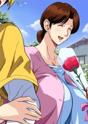 00s 1boy 1girl :d :o ^_^ age_difference apron arm_grab blush breasts brown_hair building carnation cirima closed_eyes cloud day embarrassed flower flying_sweatdrops food hair_bun happy head_out_of_frame hikaru_no_go holding holding_another&#039;s_arm house housewife huge_breasts jewelry large_breasts makizushi mature_female mitsuko_sanrakugaki mother&#039;s_day mother_and_son necklace open_clothes open_mouth open_shirt outdoors power_lines red_carnation red_flower red_rose ribbon rose shadow shindou_hikaru shindou_mitsuko shirt short_hair single_hair_bun sky smile surprised sushi t-shirt transparent tree upper_body volvox worried