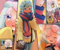 Rule 34 | 1boy, 2girls, absurdres, blue eyes, blush, box, breasts, candy, chocolate, cooking, food, gift, gift box, green hair, grusha (pokemon), highres, iono (pokemon), katy (pokemon), long sleeves, medium breasts, multicolored hair, multiple girls, nintendo, pink eyes, pink hair, pokemon, pokemon sv, poyoxis, scarf, sleeves past fingers, sleeves past wrists, two-tone hair, white day