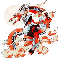 1boy armor bodysuit claws contract_monster dragon dragreder helmet highres kamen_rider kamen_rider_ryuki kamen_rider_ryuki_(series) mask red_bodysuit red_eyes sharp_teeth shoulder_armor teeth tokusatsu upper_body v_buckle waya4696