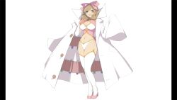 1girl absurdres bow breasts brown_hair cleavage cleavage_cutout clothing_cutout curly_hair garter_straps green_eyes hair_bow haruka_(senran_kagura) high_heels highres lab_coat large_bow large_breasts medium_hair navel non-web_source official_art open_mouth ouroboros panties pillarboxed pink_bow pink_shirt pink_shoes revealing_clothes senran_kagura senran_kagura_burst shirt shoes smile solo thick_thighs thighhighs thighs thong underwear vial white_background white_panties white_thighhighs yaegashi_nan