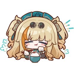 Rule 34 | 1girl, bell, blonde hair, blush stickers, chibi, chibi only, chinese clothes, chopsticks, commentary, eating, emoji, english commentary, eyewear on head, food in mouth, green hat, hair bell, hair ornament, hat, holding, holding chopsticks, honkai (series), honkai impact 3rd, long hair, multicolored hair, notice lines, official alternate costume, official art, orange hair, solo, songque, songque (jovial deception: shadowdimmer), streaked hair, sunglasses, transparent background, two side up
