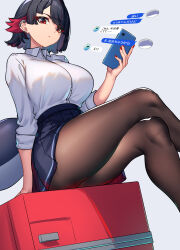 1girl absurdres ass black_hair black_skirt breasts brown_pantyhose cellphone collared_shirt colored_inner_hair crossed_legs dress_shirt ear_piercing earclip ellen_joe fingernails fins fish_tail flipped_hair from_below highres holding holding_phone large_breasts long_sleeves looking_at_viewer miniskirt mole mole_under_eye multicolored_hair nicchi pantyhose phone piercing pleated_skirt red_eyes red_hair red_nails school_uniform shark_girl shark_tail shirt short_hair sitting skirt sleeves_rolled_up smartphone solo tail thighs two-tone_hair white_shirt wing_collar zenless_zone_zero
