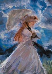 Rule 34 | 1girl, ashashio, black bow, black bowtie, black gloves, bow, bowtie, closed eyes, cloud, cloudy sky, dress, flower, gloves, grass, hat, hat flower, highres, holding, holding umbrella, long hair, mountain, ootori kanae (soukou akki muramasa), painterly, pink hair, sky, smile, soukou akki muramasa, sun hat, umbrella, white dress, white umbrella