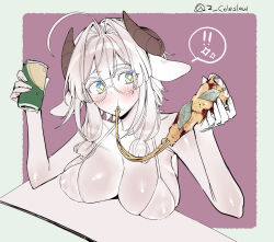! !! 1girl ahoge bare_arms blue_eyes blush breasts can cleavage drink_can eating food glasses goat_horns hair_intakes hands_up holding holding_can holding_food holding_pizza horns large_breasts long_hair mirin_chikuwa original pizza pizza_slice round_eyewear solo