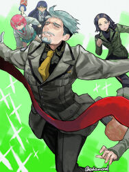 3boys 3girls amate_yuzuriha blue_hair challia_bull closed_eyes commentary_request comoli_harcourt edo_mond_(edoedoedomond) facial_hair goatee gundam gundam_gquuuuuux highres long_hair military_uniform multiple_boys multiple_girls mustache necktie nyaan_(gundam_gquuuuuux) red_hair short_hair shuji_ito skirt twitter_username undercut xavier_olivette yellow_necktie