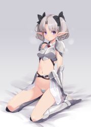 :o armor bikini_armor black_ribbon breastplate commentary_request crotch_plate earrings elf faulds gem greaves grey_hair jewelry kirishima_satoshi navel on_bed original pauldrons pointy_ears purple_eyes red_gemstone ribbon sabaton shoulder_armor silver_earrings sitting twintails vambraces wariza