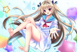 1girl :d absurdres ahoge ascot atri atri-my_dear_moments- bare_legs barefoot black_ribbon blue_sailor_collar blush commentary_request dress feet floating_hair full_body hair_between_eyes hair_intakes hair_ribbon hand_on_own_knee happy highres izumikuu knees_together_feet_apart leaning_back blue_background light_brown_hair long_hair long_sleeves looking_at_viewer open_hand open_mouth outstretched_arm red_ascot red_eyes ribbon sailor_collar sailor_dress simple_background sitting smile soles solo star_(symbol) straight_hair thighs toenails toes two_side_up very_long_hair white_dress