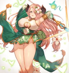1girl ayacho blue_eyes braid breasts bridal_gauntlets commission cosplay demon_horns detached_sleeves draph dress flower granblue_fantasy green_dress green_sleeves hair_flower hair_ornament hair_over_one_eye horns kokkoro_(princess_connect!) kokkoro_(princess_connect!)_(cosplay) long_hair long_sleeves narmaya_(granblue_fantasy) open_mouth pointy_ears princess_connect! puffy_long_sleeves puffy_sleeves purple_hair see-through_clothes see-through_sleeves single_braid skeb_commission sleeveless sleeveless_dress solo staff textless_version thighs white_background white_flower