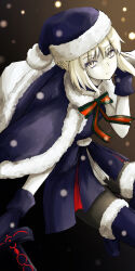 1girl absurdres artoria_pendragon_(fate) black_boots black_choker black_dress black_gloves black_hat black_pantyhose black_santa_costume blonde_hair boots bow capelet choker closed_mouth commentary_request dark_background dress fate/grand_order fate_(series) fur-trimmed_boots fur-trimmed_capelet fur-trimmed_dress fur-trimmed_headwear fur_trim gloves green_bow hair_between_eyes hat highres holding holding_sword holding_weapon looking_at_viewer medium_hair pantyhose pom_pom_(clothes) red_bow santa_alter santa_costume santa_hat solo striped_bow sword thigh_boots tsukaasa weapon yellow_eyes