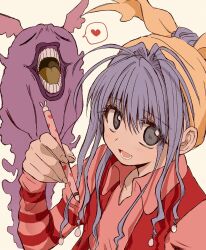 Rule 34 | 1girl, black eyes, blue hair, blush, breasts, collared shirt, empty eyes, ghost, hairband, heart, highres, holding, holding pen, hunter x hunter, long hair, long sleeves, looking at viewer, mtmgmaru, neon nostrade, pen, red shirt, red vest, shirt, simple background, small breasts, smile, solo, spoken heart, vest, yellow background, yellow hairband