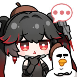 ... 1girl bird black_hair chibi chinese_commentary commentary_request duck euyueuy hand_on_own_chin lowres lucia:_dawn_(pgr) lucia_(pgr) official_art punishing:_gray_raven red_eyes red_hair second-party_source spoken_ellipsis triangle_mouth