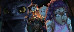 1boy 1other 3girls arcane:_league_of_legends artist_name blue_hair blush braid chiikawa chiikawa_(character) closed_mouth commentary crytterz derivative_work dragon english_commentary hat helmet highres how_to_train_your_dragon_(series) isha_(arcane) jester_cap kpop_demon_hunters league_of_legends looking_at_viewer multiple_girls open_mouth pomni_(the_amazing_digital_circus) purple_hair rumi_(kpop_demon_hunters) the_amazing_digital_circus toothless wide-eyed