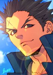 Rule 34 | 1boy, black hair, blue coat, blue sky, burning isaka, closed mouth, cloud, coat, collarbone, commentary, forked eyebrows, grey eyes, high collar, highres, ichimonji batsu, justice gakuen, looking to the side, male focus, portrait, scar, scar on face, scar on forehead, sideways glance, signature, sky, smile, solo, spiked hair