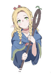 Rule 34 | 1girl, blonde hair, blue capelet, blue robe, braid, capelet, choker, dungeon meshi, elf, green eyes, highres, holding, holding weapon, hood, hooded capelet, huanxiang huifeng, looking up, mage staff, marcille donato, multiple braids, pointy ears, red choker, robe, solo, sprout, twin braids, upper body, weapon, white background