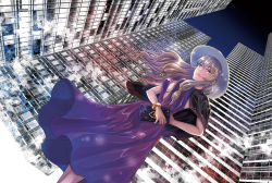 Rule 34 | 1girl, alternate costume, alternate eye color, alternate hair ornament, alternate headwear, bangle, black jacket, blonde hair, blush, bracelet, breasts, city, cleavage, cleavage cutout, clothing cutout, commentary, commentary request, contemporary, dress, dutch angle, english commentary, eyelashes, female focus, greyscale, hair between eyes, hair ornament, hand on own hip, jacket, jacket on shoulders, jewelry, kyuu umi, light particles, long hair, looking afar, medium breasts, mixed-language commentary, monochrome, monochrome background, nib pen (medium), night, night sky, open clothes, open dress, orange eyes, pen (medium), perspective, pink lips, pocketbook, purple dress, shiny clothes, shiny skin, sidelocks, sky, smile, solo, touhou, traditional media, very long hair, wind, yakumo yukari