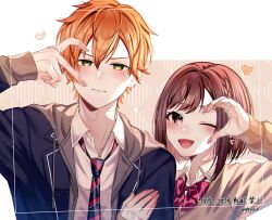 Rule 34 | 1boy, 1girl, ;d, annoyed, arm hug, backlighting, black jacket, black necktie, blush, bob cut, bow, bowtie, braid, brother and sister, brown background, brown cardigan, brown eyes, brown hair, cardigan, closed mouth, collared shirt, commentary request, diagonal-striped bow, diagonal-striped bowtie, diagonal-striped clothes, diagonal-striped necktie, double-parted bangs, earrings, fingernails, green eyes, grey hood, hair between eyes, heart, heart hands, heart hands duo, highres, hood, hood down, hooded jacket, inset border, jacket, jewelry, letterboxed, light frown, long sleeves, necktie, nhrg806, one eye closed, open clothes, open jacket, open mouth, orange hair, outside border, project sekai, puffy long sleeves, puffy sleeves, raised eyebrows, red bow, red bowtie, shinonome akito, shinonome ena, shirt, short hair, siblings, simple background, single braid, smile, striped clothes, sweatdrop, swept bangs, translation request, v-shaped eyebrows, white shirt
