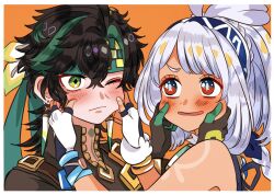 1boy 1girl arm_markings bare_shoulders black_gloves black_hair black_shirt blue_hairband blunt_bangs blush body_markings border bracelet braid cheek_pinching cheek_pull closed_mouth cocotsuko1204 crossed_bangs dark-skinned_female dark_skin earrings eyelashes eyeliner eyeshadow fingerless_gloves fish-shaped_pupils genshin_impact gloves green_eyes green_hair green_headband hair_between_eyes hairband headband hetero highres jewelry kinich_(genshin_impact) looking_at_another makeup mualani_(genshin_impact) multicolored_hair one_eye_closed open_mouth orange_background pinching ponytail_with_braided_base red_eyeliner red_eyes red_eyeshadow shirt short_eyebrows short_hair shoulder_belt sidelocks single_hair_intake spiked_ear_piercing streaked_hair tan tanline twin_braids white_border white_gloves white_hair zipper zipper_pull_tab