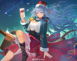 Rule 34 | 1girl, absurdres, bell, black boots, blue eyes, blue hair, boots, breasts, cleavage, cropped jacket, gift, girls&#039; frontline, girls&#039; frontline neural cloud, highres, holding, holding gift, hubble (neural cloud), official alternate costume, rhachen, shooting star, sky, solo, star (sky), starry sky