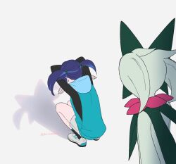 1girl black_hair black_shirt black_socks cat_shadow_puppet_(meme) commentary_request hood hood_down hooded_vest hoodie liko_(pokemon) meme meowscarada nintendo pokemon pokemon_(anime) pokemon_(creature) pokemon_horizons rei_hinketsu shirt shoes shorts socks squatting twintails vest