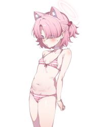 1girl animal_ear_fluff animal_ears arms_behind_back bare_arms bare_shoulders bikini blue_archive blush breasts cat_ears chlorella_observation_club_member_(blue_archive) cowboy_shot hair_bobbles hair_ornament hair_over_eyes halo highres loli parted_lips pink_bikini pink_eyes pink_hair simple_background small_breasts solo standing stomach striped_bikini striped_clothes swimsuit tail two_side_up white_background youguo_naberu