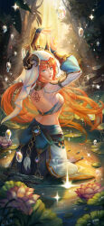 1girl absurdres aqua_eyes arms_up back_tattoo bare_back blue_gemstone blue_nails blue_skirt bubble chinese_commentary choitzeyang0726 circlet commentary_request crop_top dancer dancing day fake_horns flower from_behind gem genshin_impact gold_trim headdress highres horns light_smile lily_pad lips long_hair looking_at_viewer looking_back nature nilou_(genshin_impact) puffy_sleeves red_hair ripples rock skirt solo star_(symbol) tattoo tree veil very_long_hair vision_(genshin_impact) wading water white_veil