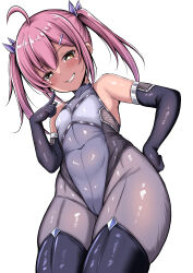 1girl ahoge black_bodysuit black_gloves blush bodysuit breasts brown_eyes cameltoe commentary_request covered_navel elbow_gloves gloves grin hair_between_eyes hair_ribbon hand_on_own_hip hands_on_own_hips highres index_finger_raised kanna_(minamozuki) mesugaki original pink_hair ribbon simple_background skin_tight sleeveless small_breasts smile standing taimanin_(series) taimanin_suit twintails white_background wide_hips