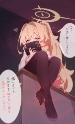 1girl absurdres alternate_costume alternate_hairstyle black_pantyhose blonde_hair blue_archive blush book commentary_request covering_own_mouth green_eyes halo heart highres holding holding_book long_hair looking_at_viewer no_shoes pantyhose professor_niyaniya_(blue_archive) professor_niyaniya_(teacher)_(blue_archive) shiratos_nas solo speech_bubble toes translation_request very_long_hair yellow_halo