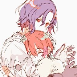 1boy 1girl amate_yuzuriha blue_hair blush closed_eyes closed_mouth collared_shirt commentary er1ji6ou2004 gloves gundam gundam_gquuuuuux holding hug long_sleeves multicolored_hair purple_hair red_eyes red_hair school_uniform shirt short_hair shuji_ito simple_background smile sweater two-tone_hair upper_body white_background white_shirt