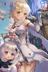 Rule 34 | 2girls, bare shoulders, blonde hair, blue eyes, dress, genshin impact, looking at viewer, lumine (genshin impact), multiple girls, open mouth, paimon (genshin impact), short hair with long locks, smile, thighhighs, town, vambraces, white dress, white hair, yellow eyes, yuririn poi
