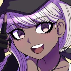 1girl baseball_cap blush close-up dark-skinned_female dark_skin female_focus hat kawana_tsubasa mole mole_under_mouth open_mouth purple_eyes solo teeth the_hundred_line_-last_defense_academy- tongue upper_teeth_only white_hair
