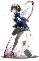1girl absurdres apron arms_behind_back back-seamed_legwear black_hair black_pantyhose blue_dress blue_eyes blue_footwear blue_horns blush bob_cut breasts cherry closed_mouth cream demon_horns dress feathered_wings food fruit full_body high_heels highres holding holding_tray horns jam juliet_sleeves leg_up legs long_sleeves looking_at_viewer maid maid_headdress mini_wings original pantyhose plate pudding puffy_sleeves rumoon seamed_legwear short_dress short_hair small_breasts smile solo standing standing_on_one_leg tray waist_apron wings