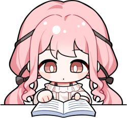 Rule 34 | 1girl, :o, artist request, bare shoulders, black bow, black ribbon, blush stickers, book, bow, bra strap, bright pupils, brown eyes, chibi, cropped torso, downturned eyes, expressionless, frilled shirt, frills, hair bow, hair ribbon, holding, holding book, infinity nikki, long hair, long sleeves, low twintails, nikki (nikki), nikki (series), non-web source, off-shoulder shirt, off shoulder, official art, open book, parted lips, perfect start (infinity nikki), pink hair, puffy long sleeves, puffy sleeves, reading, ribbon, shirt, sidelocks, solo, table, tareme, transparent background, tress ribbon, twintails, very long hair, wavy hair, white pupils, white shirt