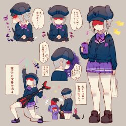 3girls alternate_costume animal animal_on_head archived_source arm_up bag bird bird_on_head black_hat black_shirt blue_cardigan blunt_bangs blush bow bowtie breasts brown_footwear cabbie_hat cardigan cat character_request collared_shirt commentary_request earbuds earphones electric_guitar genderswap genderswap_(mtf) grey_background grey_hair guitar hans.b hat headgear highres holding holding_animal holding_bag holding_carton holding_cat holding_guitar holding_instrument humanization instrument laserbeak lightning_bolt_symbol long_sleeves mask motion_lines mouth_mask multiple_girls multiple_views musical_note on_head petting plastic_bag pleated_skirt pointing pointing_up purple_bow purple_bowtie purple_footwear purple_hair purple_shirt purple_skirt ravage_(transformers) red-tinted_eyewear school_uniform serafuku shirt shoes short_hair simple_background skirt small_breasts sneezing soundwave_(transformers) sunglasses surgical_mask tinted_eyewear transformers transformers:_generation_1 translation_request white_shirt