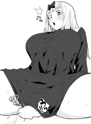 1girl absurdres blush bow breasts cum dress ejaculation fujiwara_chika girl_on_top greyscale hair_bow highres huge_breasts kaguya-sama_wa_kokurasetai_~tensai-tachi_no_renai_zunousen~ long_hair long_sleeves monochrome open_mouth penis re:ankh school_uniform shuuchiin_academy_school_uniform simple_background solo_focus summer_uniform sweat thighs