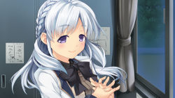 Rule 34 | 1girl, absurdres, black bow, black bowtie, blush, bow, bowtie, braid, curtains, female focus, game cg, harem tengoku da to omottara yandere jigoku datta, highres, hiiro yuki, indoors, interlocked fingers, locker, long hair, looking at viewer, miyasu sayuri, night, own hands together, purple eyes, school uniform, silver hair, smile, solo, window