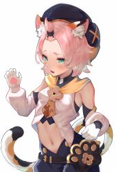 1girl absurdres animal_ear_fluff animal_ears animal_hands bangs_pinned_back bare_shoulders bei_qi blush breasts cat_ears cat_tail detached_sleeves diona_(genshin_impact) genshin_impact gloves green_eyes hair_ornament hat highres long_sleeves midriff navel newsboy_cap open_mouth paw_print paw_print_palms pink_hair short_hair shorts simple_background sleeveless small_breasts solo tail thighhighs topknot white_background